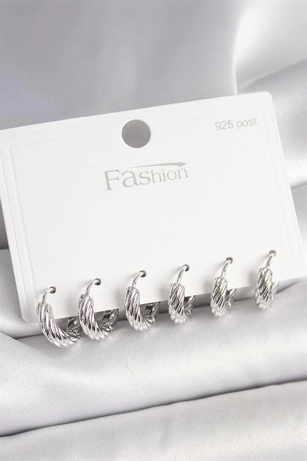 925 Ayar Gümüş Çivi Pirinç Gümüş Renk İşlemeli Halka Model Kadın Küpe Seti