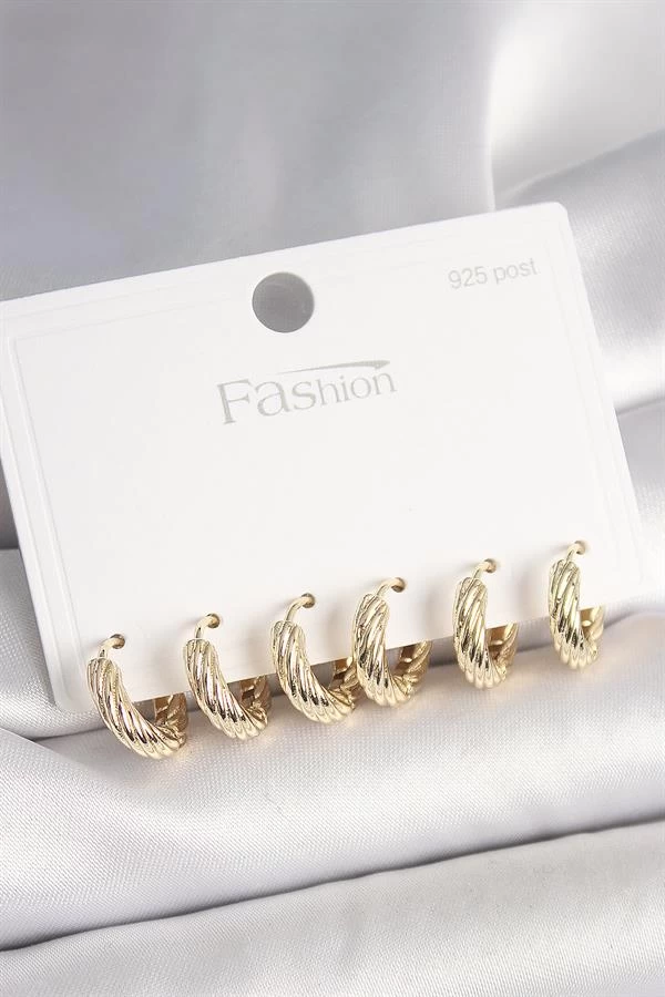 925 Ayar Gümüş Çivi Pirinç Gold Renk İşlemeli Halka Model Kadın Küpe Seti