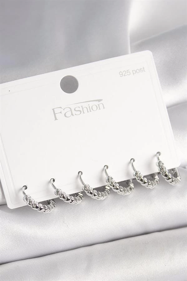 925 Ayar Gümüş Çivi Pirinç Gümüş Renk Kalp İşlemeli Halka Model Kadın Küpe Seti