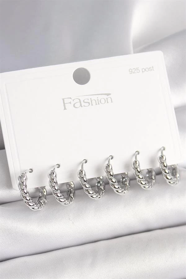 925 Ayar Gümüş Çivi Pirinç Gümüş Renk Sarmal Halka Model Kadın Küpe Seti