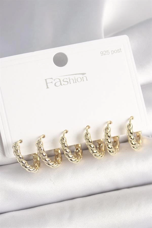 925 Ayar Gümüş Çivi Pirinç Gold Renk Sarmal Halka Model Kadın Küpe Seti