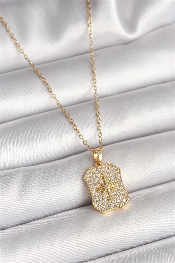 316l Çelik Gold Renk Zincir Zirkon Taşlı Kutup Yıldız İşlemeli Madalyon Model Kadın Kolye