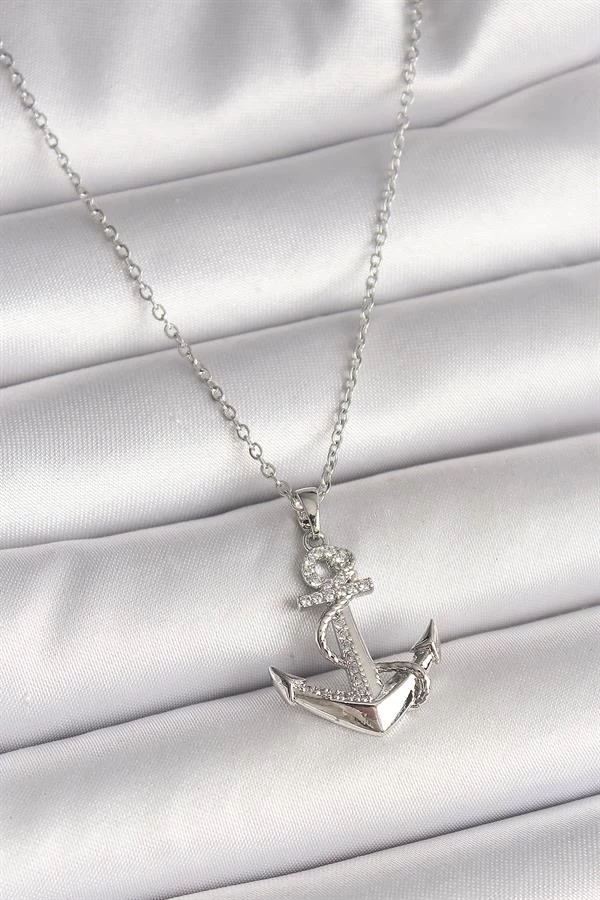316l Çelik Gümüş Renk Zincir Zirkon Taş Detaylı Çapa Model Kadın Kolye