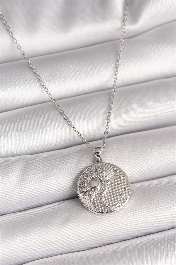 316l Çelik Gümüş Renk Zincir Zirkon Taşlı Ay Güneş İşlemeli Madalyon Model Kadın Kolye