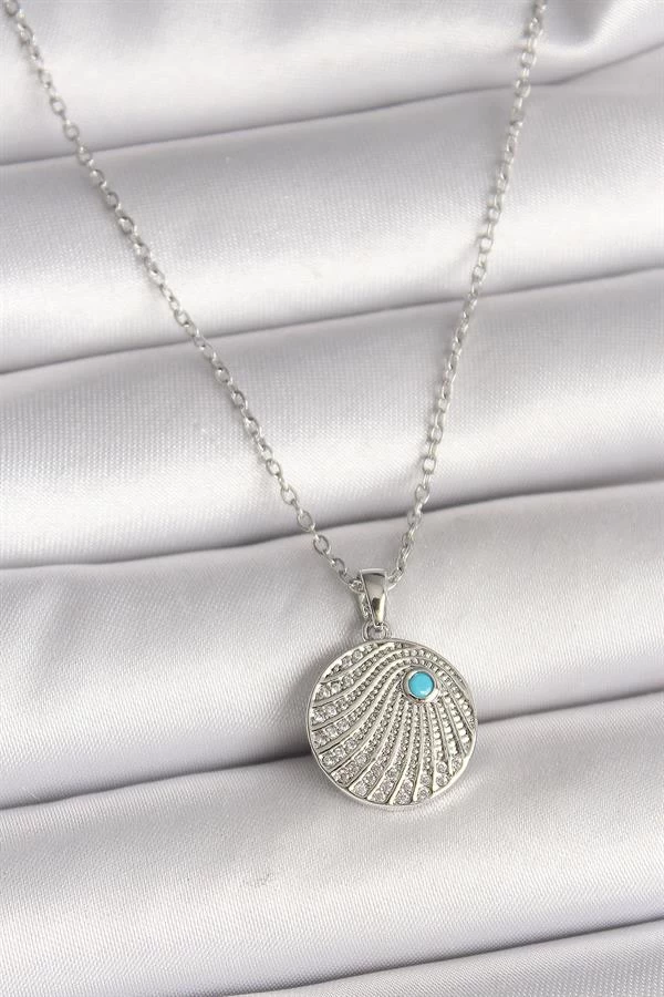 316l Çelik Gümüş Renk Zincir Zirkon Taşlı Mavi Taş Detaylı Madalyon Model Kadın Kolye