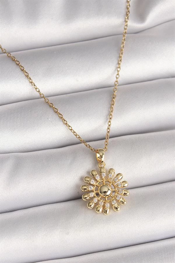 316l Çelik Gold Renk Zincir Zirkon Taşlı Güneş Model Kadın Kolye