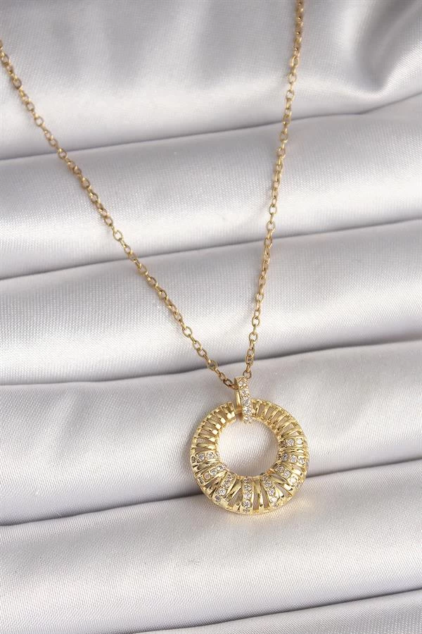 316l Çelik Gold Renk Zincir Zirkon Taş İşlemeli Daire Model Kadın Kolye