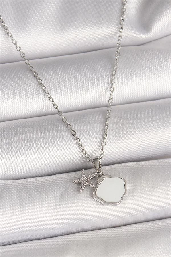 316l Çelik Gümüş Renk Zincir Sallantı Beyaz Mineli Deniz Kabuğu Zirkon Taşlı Deniz Yıldızı Figür Kadın Kolye