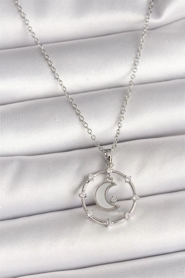 316l Çelik Gümüş Renk Zincir Zirkon Taşlı Beyaz Mineli Hilal Model Kadın Kolye