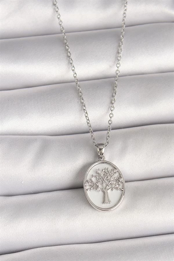 316l Çelik Gümüş Renk Zincir Zirkon Taş İşlemeli Beyaz Mineli Ağaç İşlemeli Portre Model Kadın Kolye