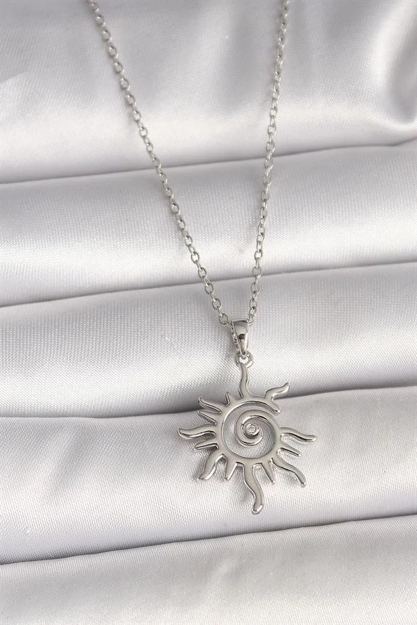 316l Çelik Gümüş Renk Zincir Zirkon Taşlı Güneş Model Kadın Kolye