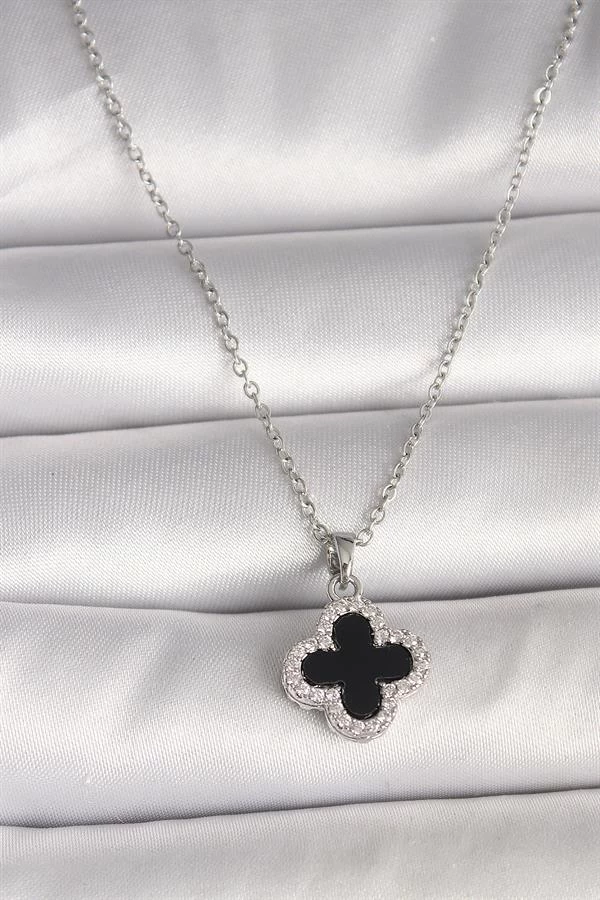 316l Çelik Gümüş Renk Zincir Zirkon Taşlı Yonca Model Kadın Kolye