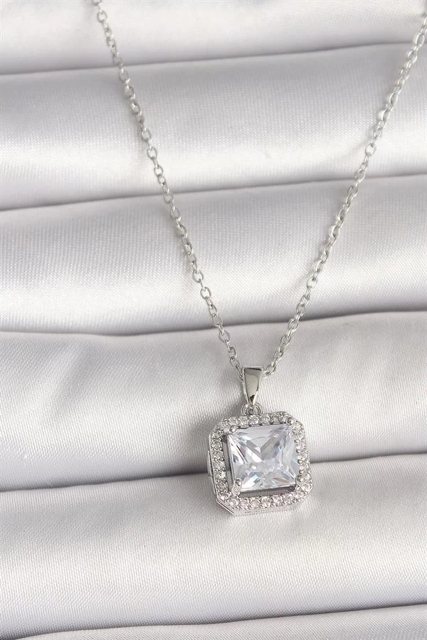 316l Çelik Gümüş Renk Zincir Kare Zirkon Taşlı Kadın Kolye