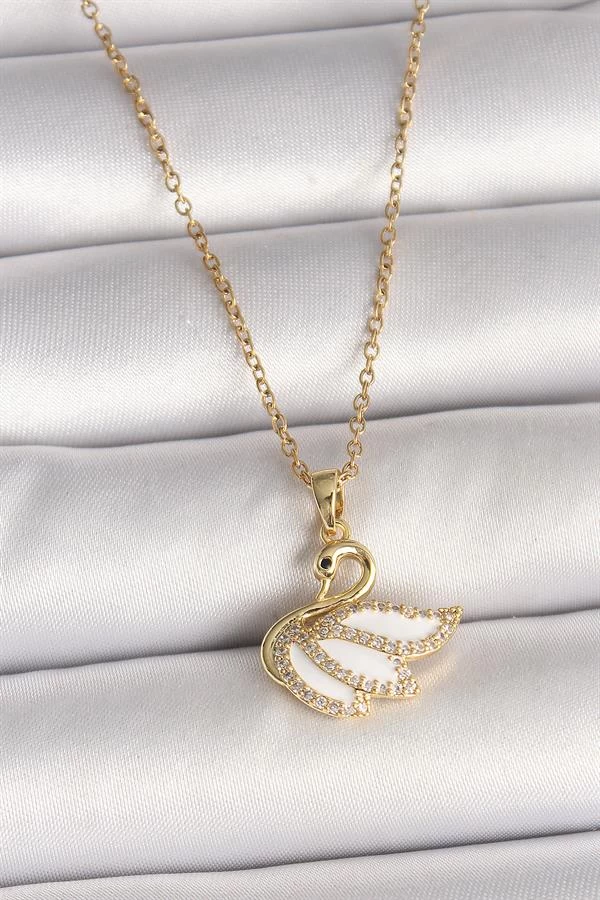 316l Çelik Gold Renk Zincir Zirkon Taşlı Kuğu Model Kadın Kolye