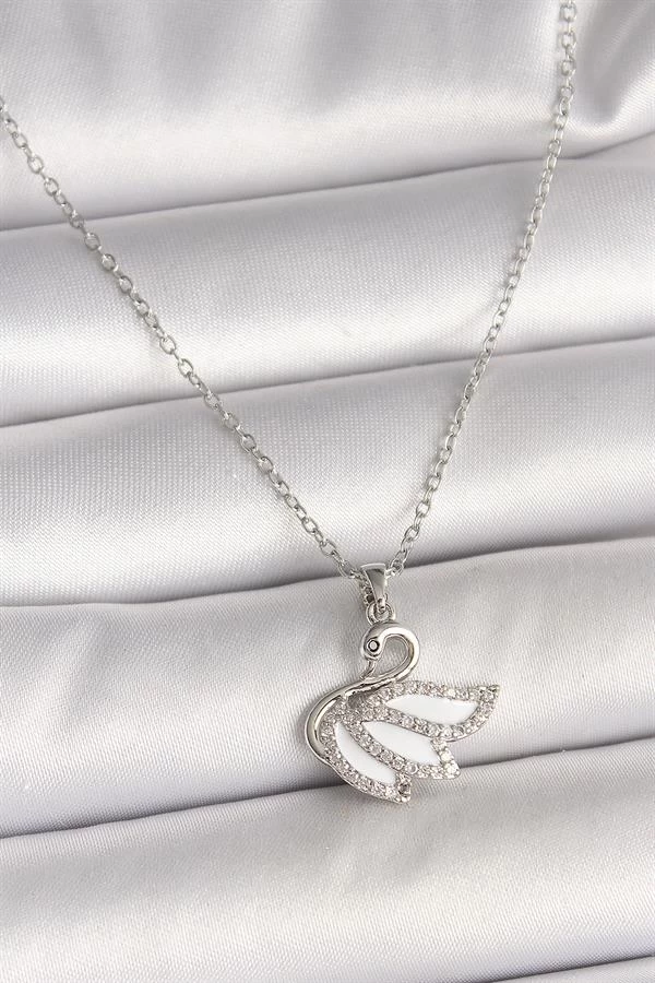 316l Çelik Gümüş Renk Zincir Zirkon Taşlı Kuğu Model Kadın Kolye