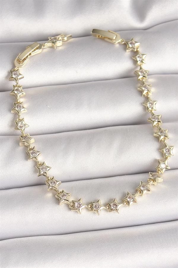 Pirinç Gold Renk Zirkon Taşlı Yıldız Model Vip Seri Kadın Bileklik