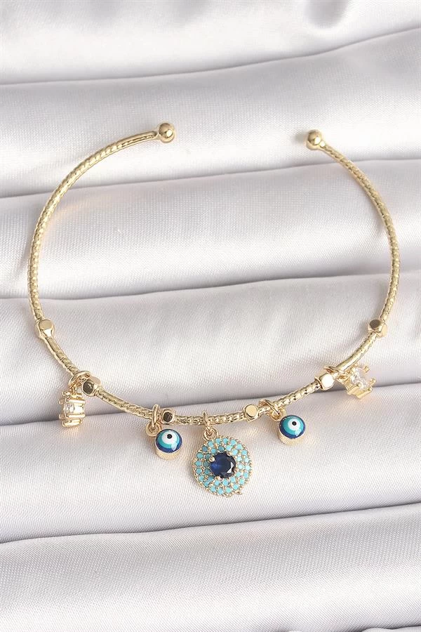 Pirinç Gold Renk Zirkon Taşlı Nazar Boncuk Detay Charm Kadın Bileklik