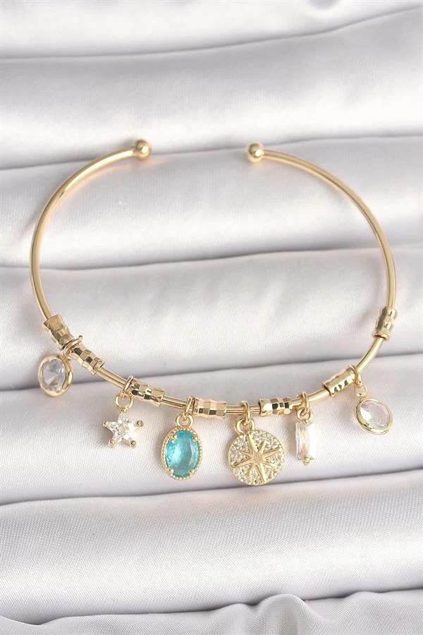 Pirinç Gold Renk Sallantı Zirkon Taş Detaylı Pusula Figür Charm Kadın Bileklik
