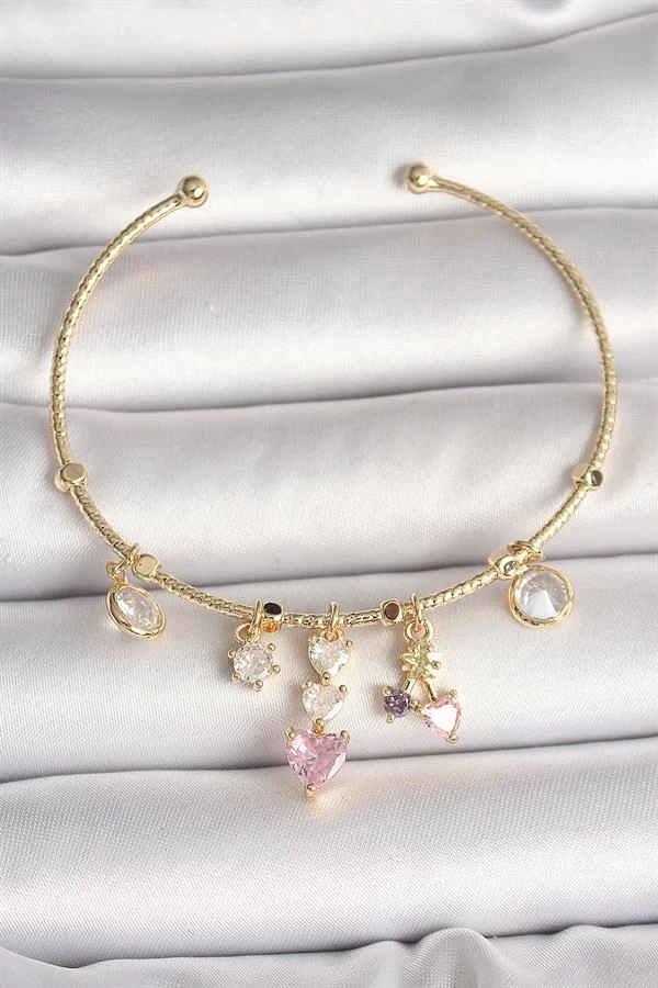 Pirinç Gold Renk Sallantı Zirkon Taşlı Kalp Figür Pembe Kalp Detay Charm Kadın Bileklik