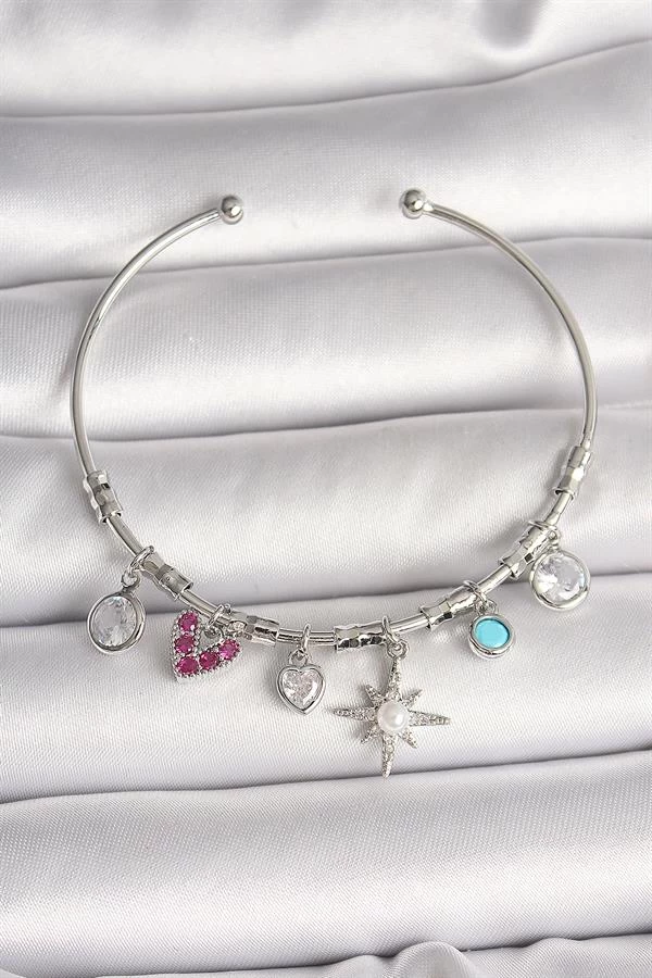 Pirinç Gümüş Renk Sallantı Zirkon Taşlı Kutup Yıldız Figür Kalp Detay Charm Kadın Bileklik
