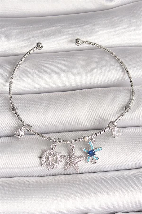 Pirinç Gümüş Renk Sallantı Zirkon Taşlı Deniz Yıldız Figür Charm Kadın Bileklik