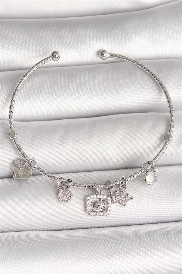 Pirinç Gümüş Renk Sallantı Zirkon Taşlı Ayıcık Figür Taç Detay Charm Kadın Bileklik