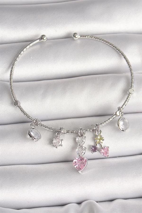 Pirinç Gümüş Renk Sallantı Zirkon Taşlı Kalp Figür Charm Kadın Bileklik