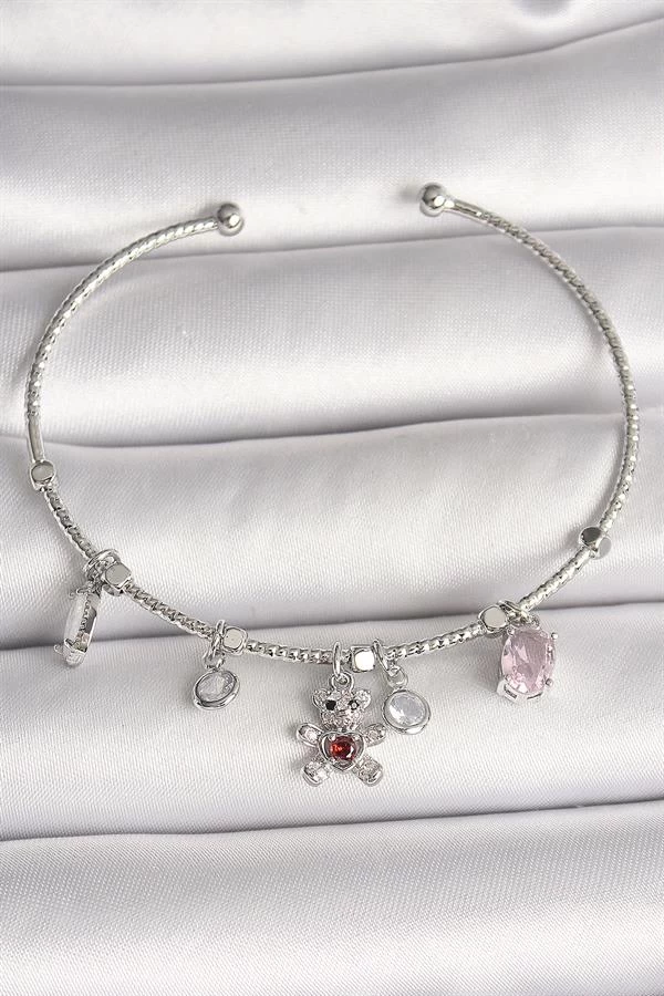 Pirinç Gümüş Renk Sallantı Zirkon Taşlı Ayıcık Figür Kırmızı Taş Detay Charm Kadın Bileklik