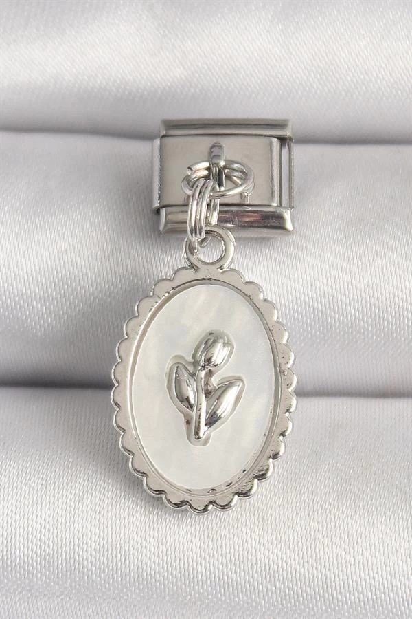 316l Çelik Gümüş Renk Beyaz Mineli Çiçek İşlemeli Nomination Charm