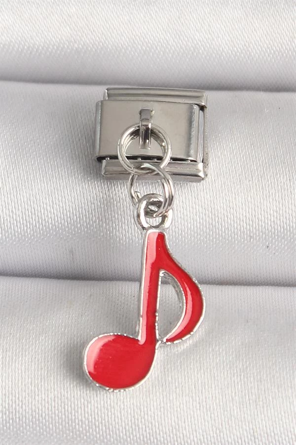 316l Çelik Gümüş Renk Kırmızı Müzik Nota Model Nomination Charm