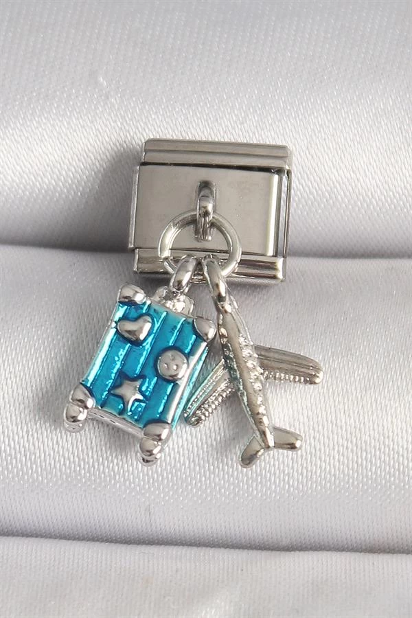 316l Çelik Gümüş Renk Mavi Bavul Uçak Model Nomination Charm