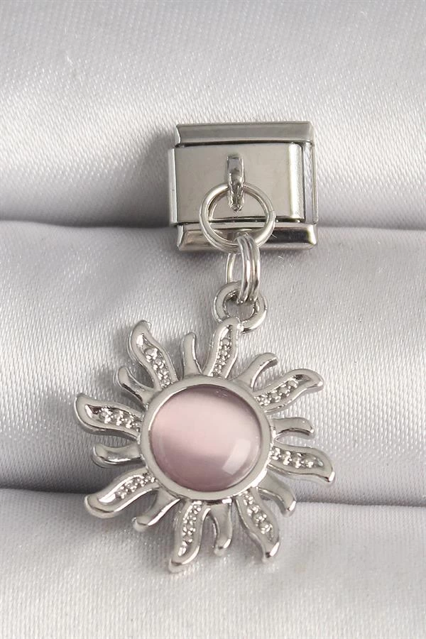 316l Çelik Gümüş Renk Pembe Mineli Güneş Model Nomination Charm
