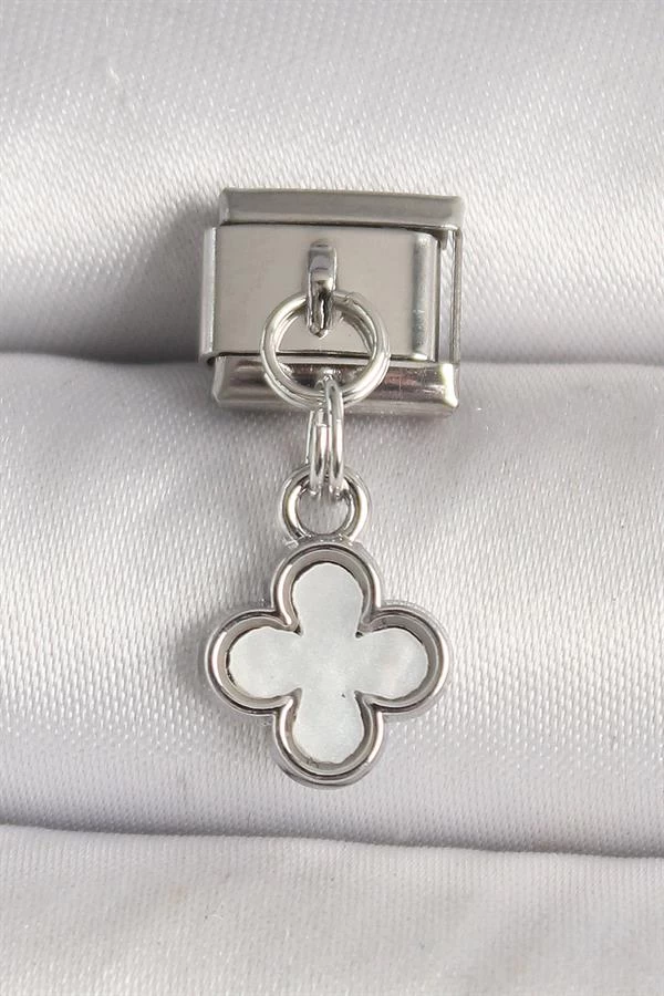 316l Çelik Gümüş Renk Beyaz Mineli Yonca Model Nomination Charm