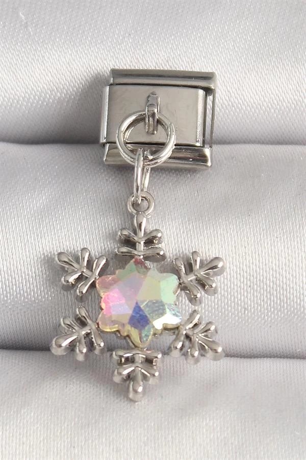 316l Çelik Gümüş Renk Hologram Mineli Kar Tanesi Model Nomination Charm
