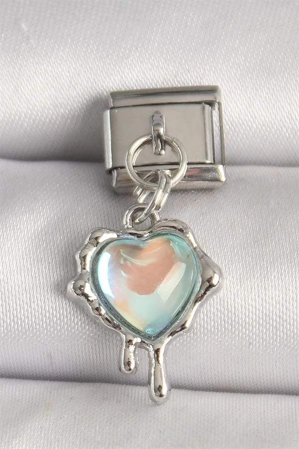 316l Çelik Gümüş Renk Mavi Hologram Mineli Eriyen Kalp Model Nomination Charm