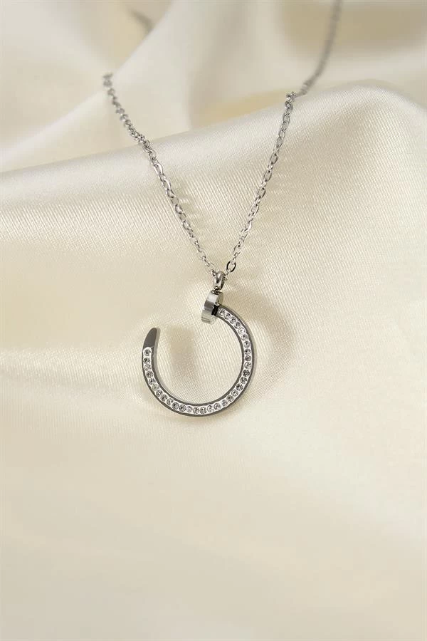 Çelik Silver Renk Zirkon Taşlı Çivi Model Kadın Kolye