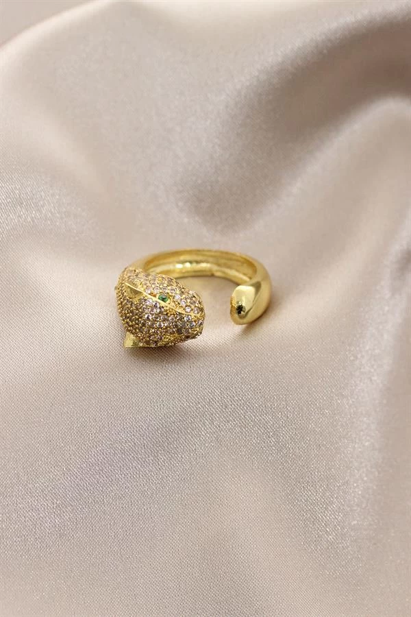 Yeni Sezon Gold Renk Taşlı Yeşil Gözlü Kaplan Yüzük
