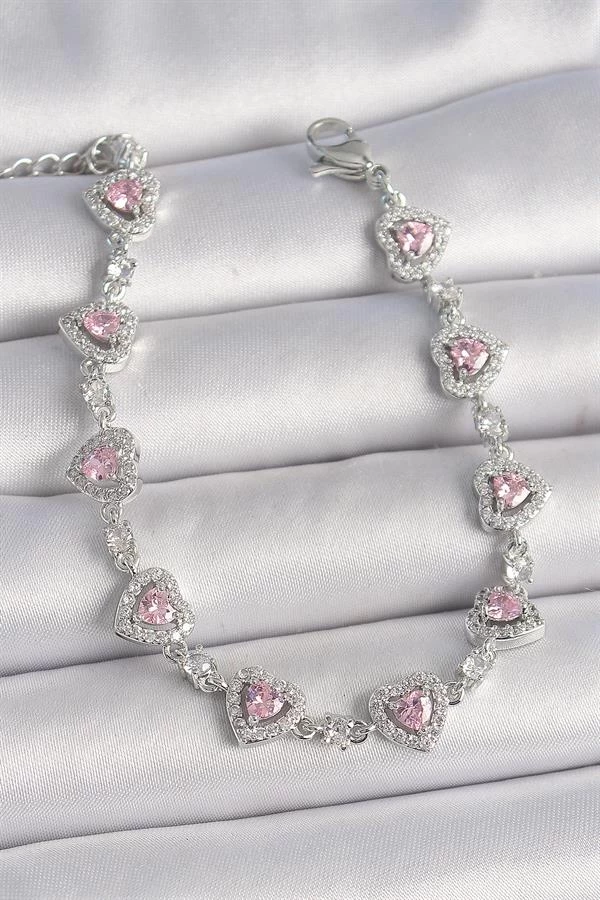 Pirinç Gümüş Renk Zirkon Taşlı Pembe Kalp Model Vip Seri Kadın Bileklik