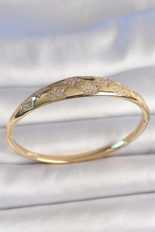 Pirinç Gold Renk Zirkon Taşlı Yıldız İşlemeli Kadın Kelepçe