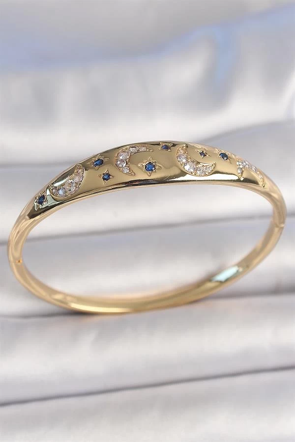 Pirinç Gold Renk Zirkon Taşlı Hilal İşleme Mavi Taşlı Yıldız Detay Kadın Kelepçe