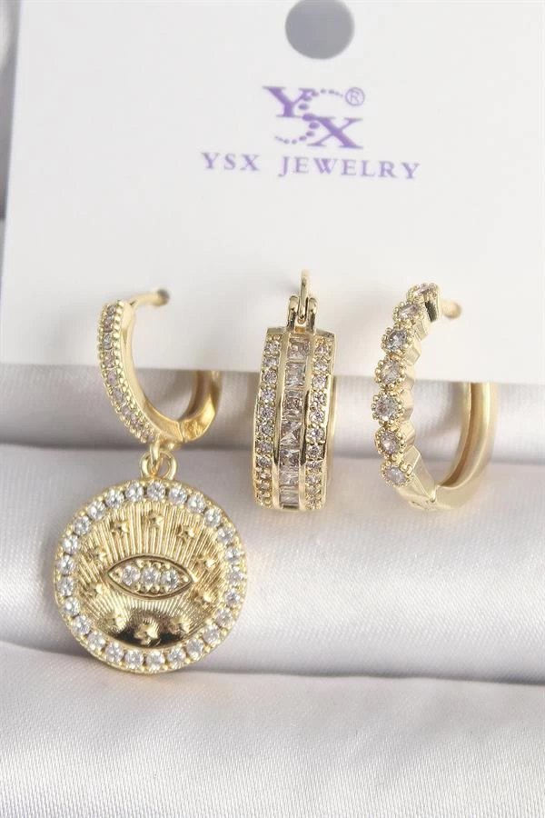 Pirinç Gold Renk Zirkon Taşlı Göz İşlemeli Model  3'lü Kadın Kombin Küpe