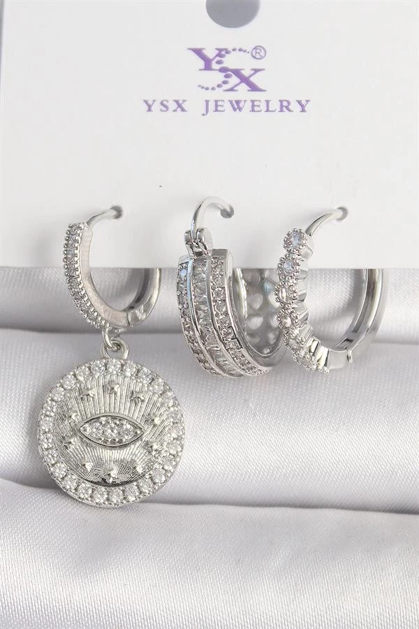 Pirinç Gümüş Renk Zirkon Taşlı Göz İşlemeli Halka Model 3'lü Kadın Kombin Küpe