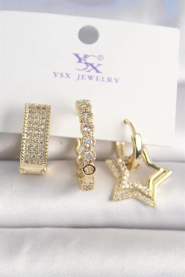 Pirinç Gold Renk Zirkon Taşlı Yıldız Figür Halka Model 3'lü Kadın Kombin Küpe