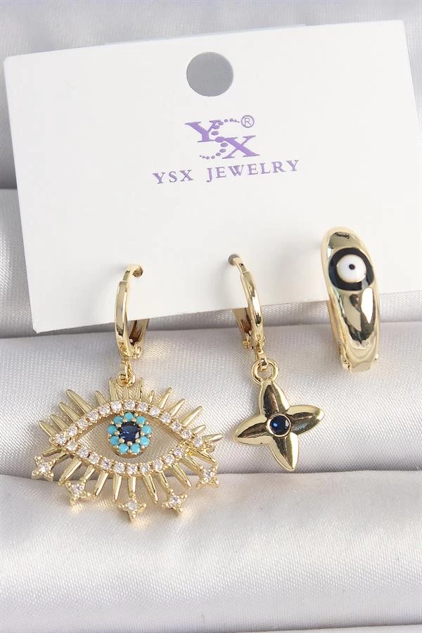 Pirinç Gold Renk Zirkon Taşlı Göz Figür Nazar Boncuk Detay 3'lü Kadın Kombin Küpe