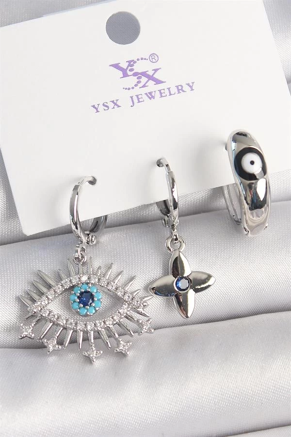 Pirinç Gümüş Renk Zirkon Taşlı Göz Model Nazar Boncuk Detay 3'lü Kadın Kombin Küpe