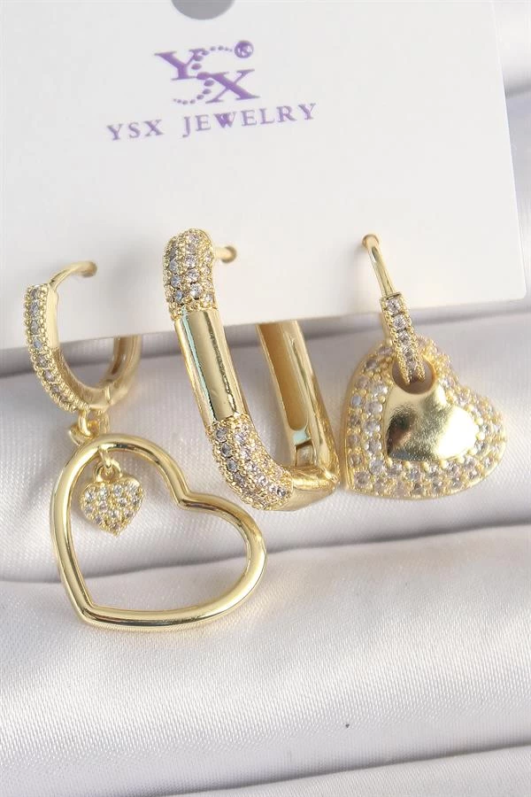 Pirinç Gold Renk Zirkon Taşlı Sallantı Kalp Model 3'lü Kadın Kombin Küpe