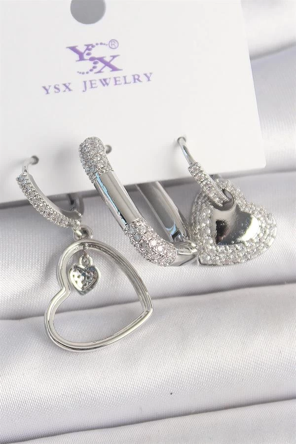Pirinç Gümüş Renk Sallantı Zirkon Taşlı Kalp Model 3'lü Kadın Kombin Küpe
