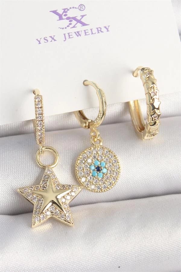 Pirinç Gold Renk Zirkon Taşlı Sallantı Yıldız Model Nazar Boncuk Detay 3'lü Kadın Kombin Küpe
