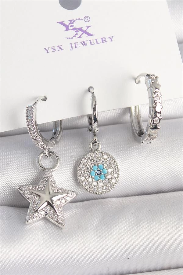 Pirinç Gold Renk Zirkon Taşlı Yıldız Model Nazar Boncuk Detay 3'lü Kadın Kombin Küpe