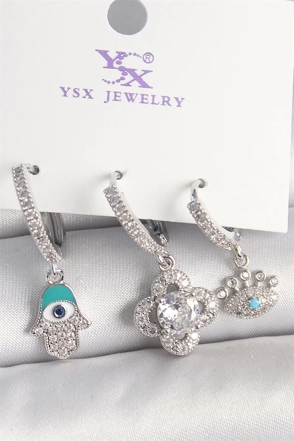 Pirinç Gümüş Renk Zirkon Taşlı Fatma Ana Yonca Figür Göz Detay 3'lü Kadın Kombin Küpe